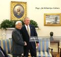 Former Union cabinet minister Kunwar Natwar Singh and 43rd president of the United States George W. Bush in the Oval Office of the White House April 14, 2005 in Washington, DC. Source - Jat Kshatriya Culture