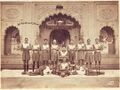 Rao Raja Yaduraj Singhji of Bharatpur (Med), Choudhary Giriraj Singh Dhankar of Ucchain (Left side) I Eleven Football Team at Laxmi vilas palace 1934, Bharatpur.